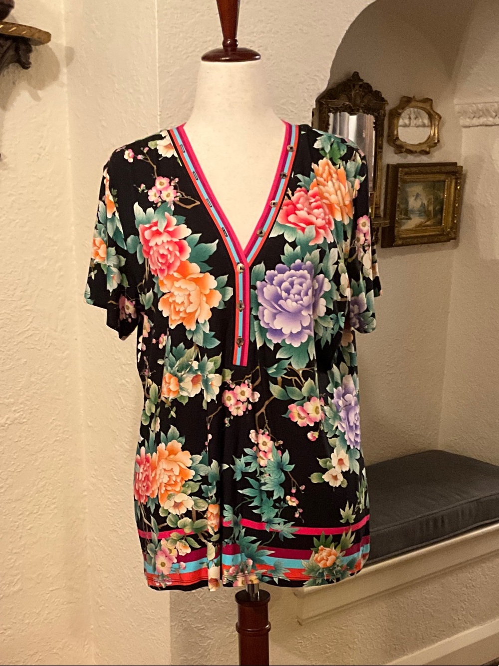 Johnny Was Black Floral V-Neck Top with Multicolor Blooms